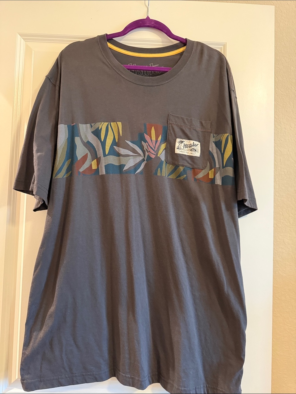 Howler Brothers Gray Short-Sleeve Pocket Tee with Tropical Stripe